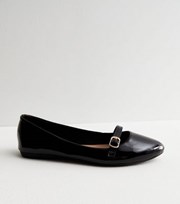 New Look Wide Fit Black Patent Buckle Strap Ballerina Pumps